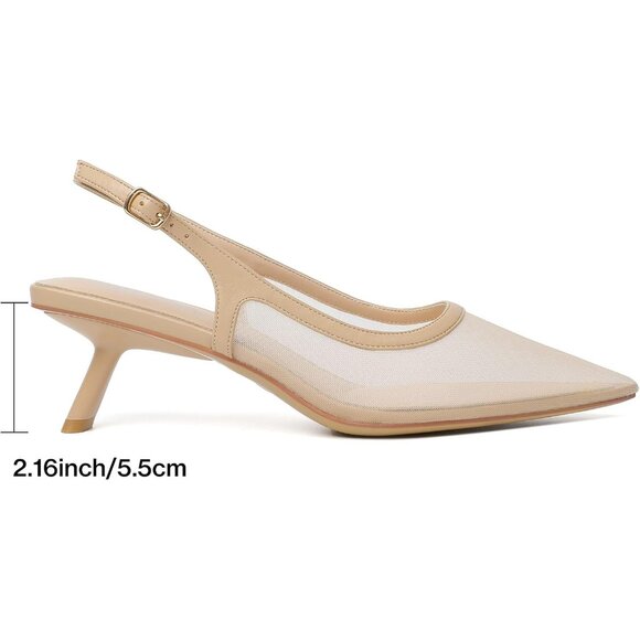 Mostrin Kitten Heels Nude Mesh Low Slingback Heels with Buckle Dress Shoes - Picture 2 of 9